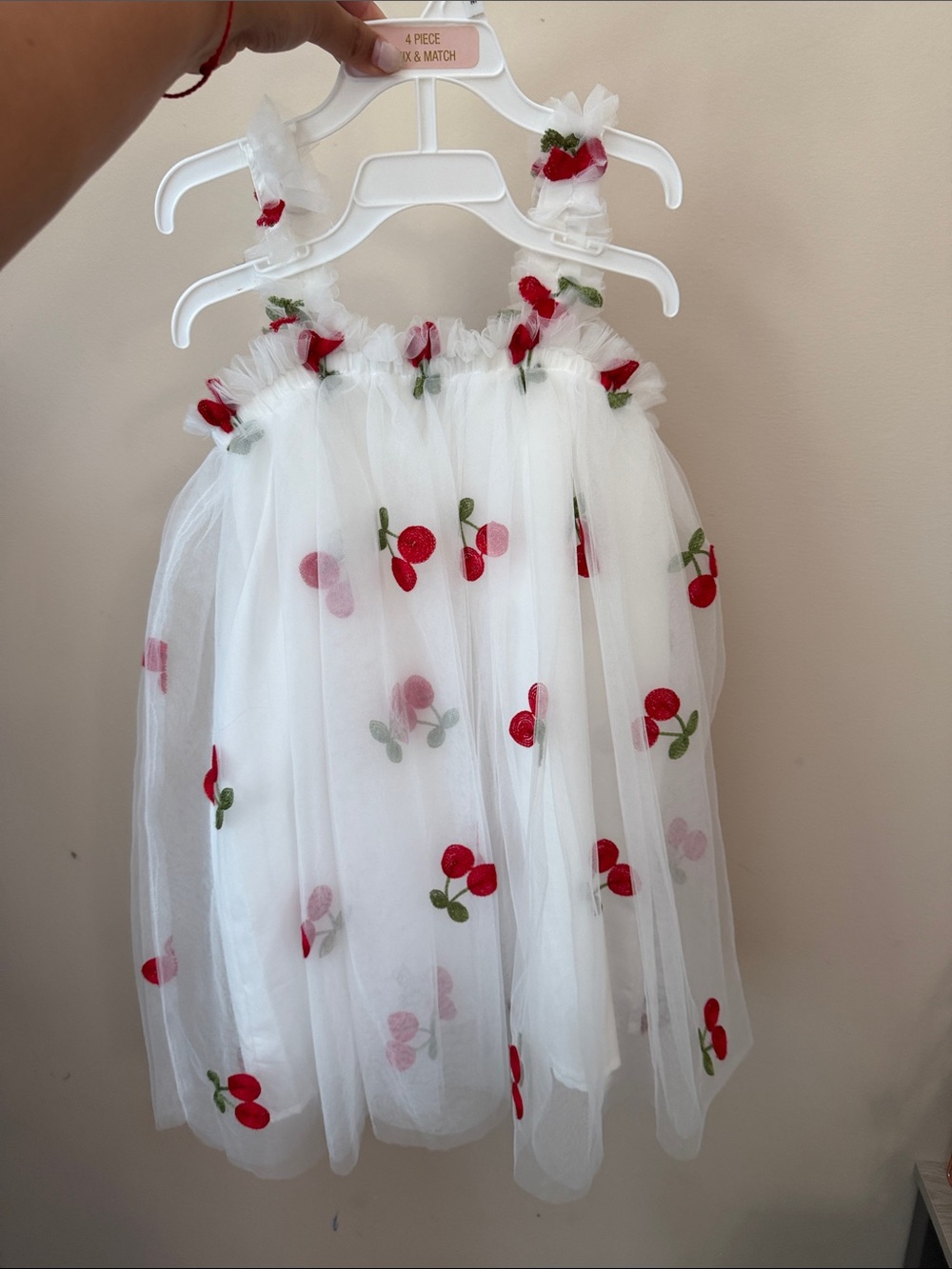 chic White Tulle Dress with Red Cherry Appliqués